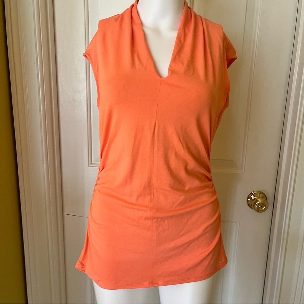 Vince Camuto Women's Side Ruched Orange Cap Sleeve Office Knit Blouse Sz Medium - Picture 2 of 13